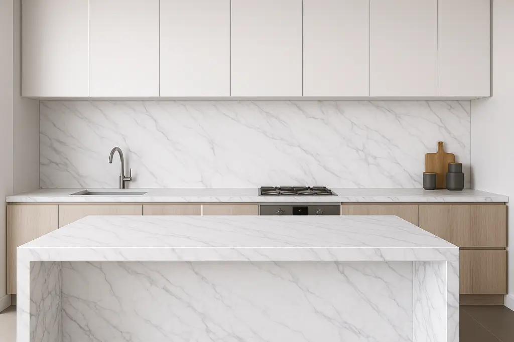 Calacatta Vento surface — Guava Quartz + Stone | Adam Stonetech (view 1)