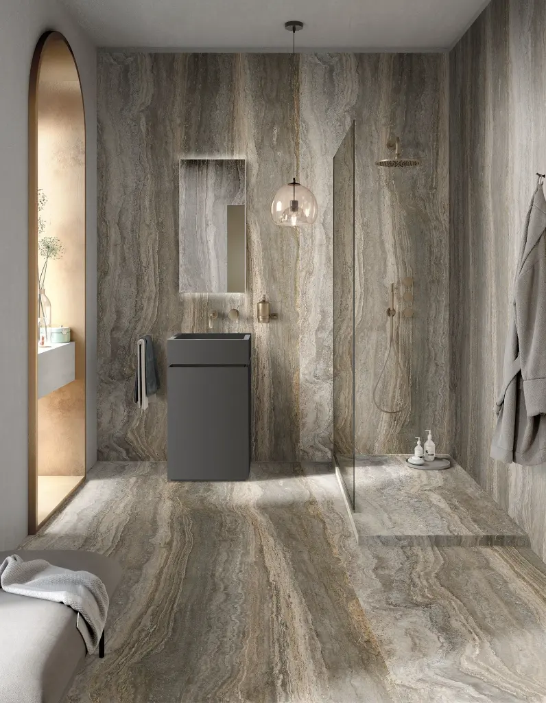 Silver Travertino surface — Guava Quartz + Stone | Adam Stonetech